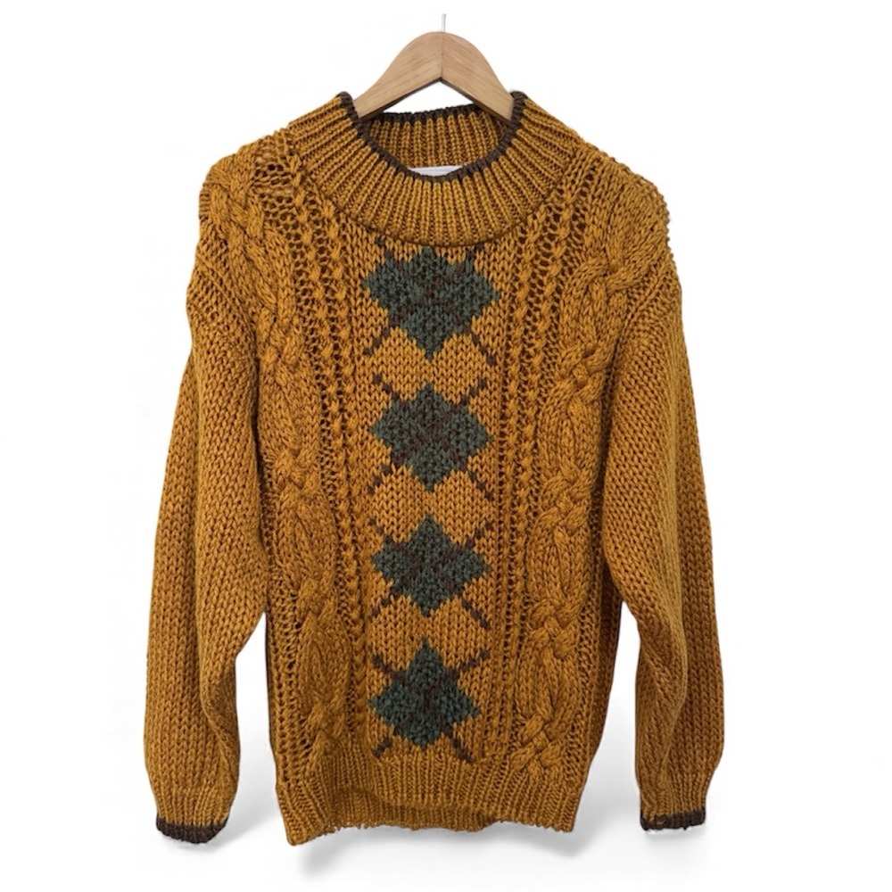 Vintage 80s Chunky Knit Sweater Cable Argyle Mustard